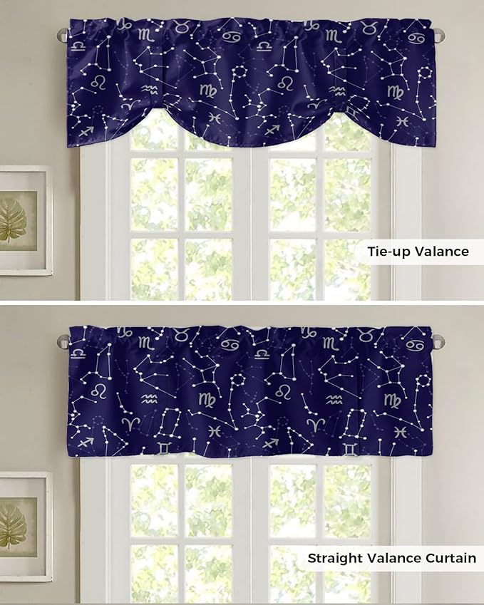 Tie Up Valance for Kitchen Living Room Farmhouse - Evolution of the Universe Constellation Astrology Rod Pocket Adjustable Tie-up Shade Valance for Small Window, Balloon Drape Valance 42x12 inches