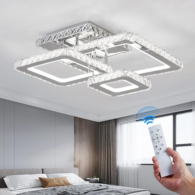 ZGLAOJT Modern Crystal Ceiling Light Chrome RGB 3-Color LED Flush Mount Ceiling Light Fixture with Remote Control Dimmable Ceiling Lighting Chandelier for Kitchen Bedroom Dinning LivingRoom.