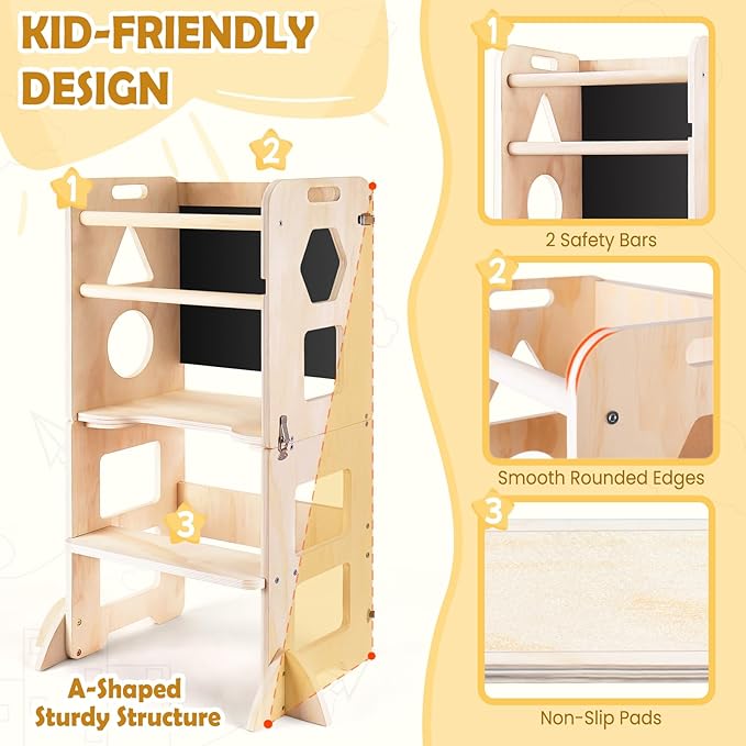 4-in-1 Toddler Kitchen Step Stool, Foldable Learning Standing Tower with Blackboard, Wooden Kitchen Stool Helper for Kids, 1-3 Year Old Boy Girl Gifts