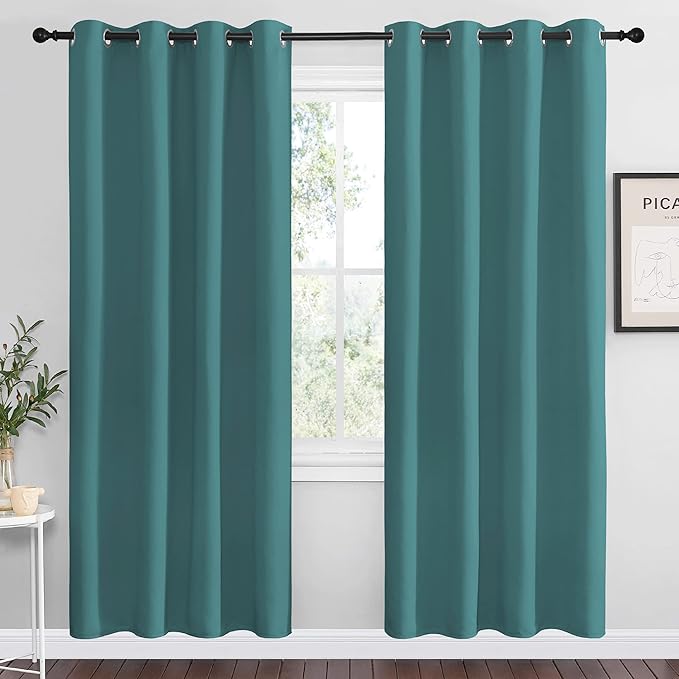 NICETOWN Insulated Curtains Blackout Draperies - Triple Weave Microfiber Home Thermal Insulated Solid Ring Top Blackout Curtains/Panels for Bedroom(Sea Teal, Set of 2, 55 x 78 Inch)