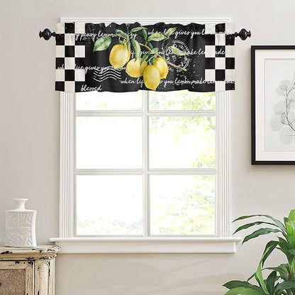 Valance Curtains for Kitchen Window, Summer Tropical Lemon Rod Pocket Valances Window Treatments Buffalo Plaid Black White Short Curtains for Bedroom Decor,54" X 18" -1 Panel,