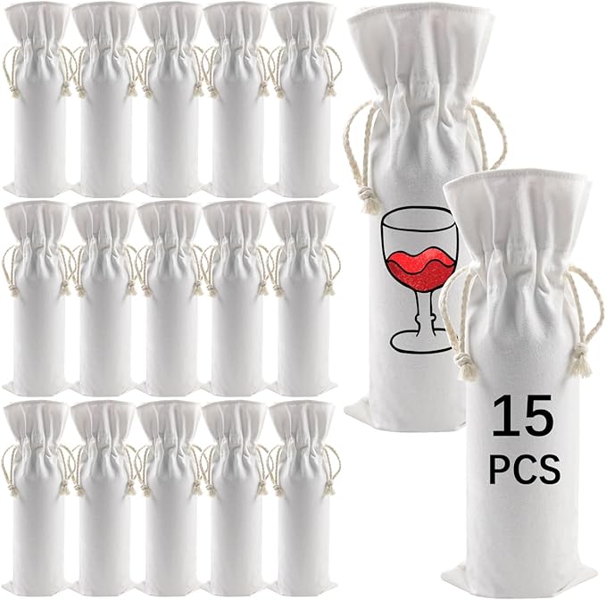 15 PCS Sublimation Wine Gift Bag Blank, Canvas Wine Bottle Bag with Drawstring, Suitable for Sublimation, Screen Printing, DIY Graffiti