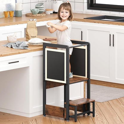 Toddler Kitchen Stool Helper - 4 in 1 Toddler Stool with Chalkboard Safety Rail, Adjustable Height Kids Standing Tower for Kitchen Counter, Wooden Learning Step Stool for 1-3