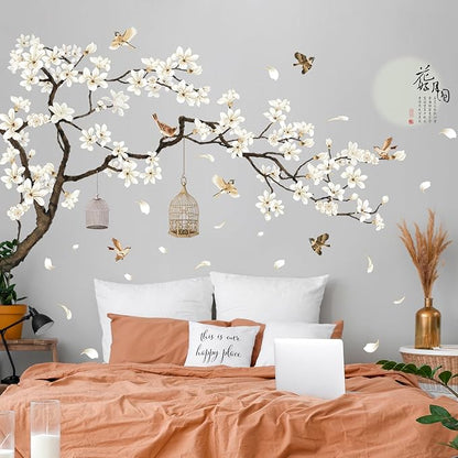 Chinese Style White Flowers Black Tree and Flying Birds Wall Stickers Removable DIY Wall Art Decor Decals Murals for Offices Home Walls Bedroom Study Room Wall Decaoration, 50inchx74inch