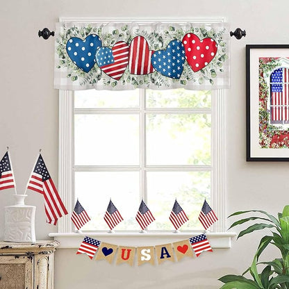 Vandarllin Eucalyptus 4th of July Kitchen Curtains Valances for Windows Patriotic American Flag Stars Rod Pocket Window Treatment for Kitchen/Living Room/Bedroom/Bathroom, 54" X 18", Grey Gingham