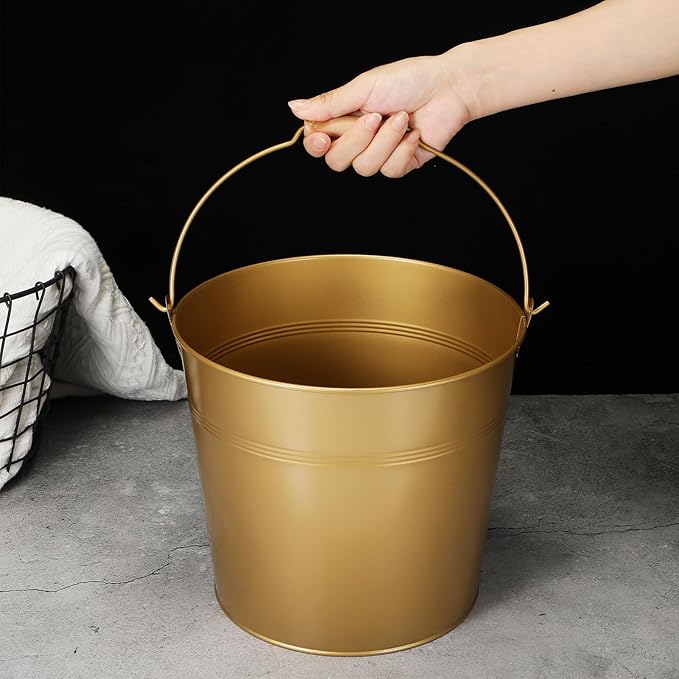 12 Pcs Large Galvanized Metal Buckets with Handle 10 Inch Heavy Duty Stainless Steel Pails Round Pail for Party Wedding, Crafts, Utensils, Table Centerpieces (Gold)