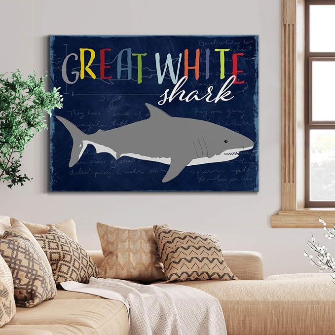 Renditions Gallery Canvas Animal Wall Art Home Paintings & Prints Smiling Playful White Shark Modern Abstract Vibrant Wall Hanging Decorations for Kids Bedroom Nursery - 32"x48" LT33