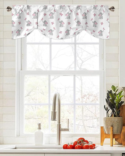 Tie Up Valance for Kitchen Living Room Farmhouse - Cute Girly Pink Baby Elephant and Butterfly Rod Pocket Adjustable Tie-up Shade Valance for Small Window, Balloon Drape Valance 42x12 inches