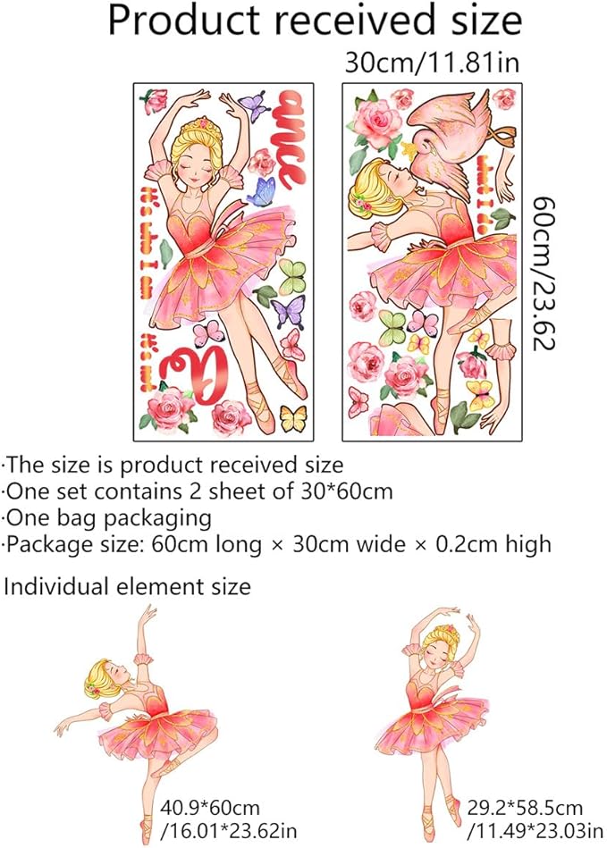 Ballerina Girl Wall Decals Dancing Girl Swan Dance Wall Stickers Swan Rose Butterfly Decor Inspirational Home Kid Room Decoration Bedroom Playroom Art Gift