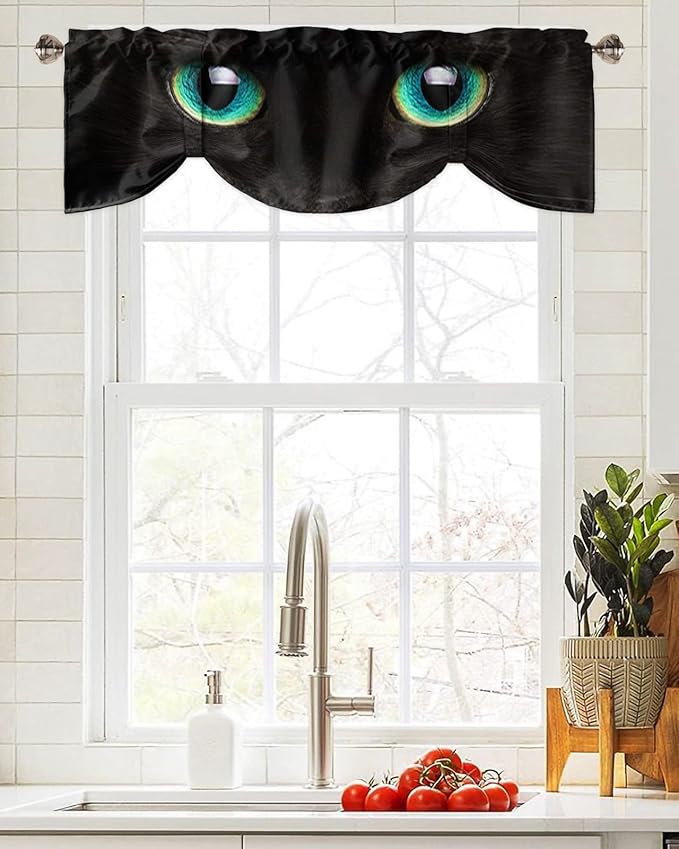 Tie Up Valance for Kitchen Living Room Farmhouse - Black Cat with Teal Eyes Rod Pocket Adjustable Tie-up Shade Valance for Small Window, Window Valance Balloon Drape for Bathroom 54x18 inches