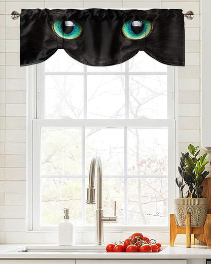 Tie Up Valance for Kitchen Living Room Farmhouse - Black Cat with Teal Eyes Rod Pocket Adjustable Tie-up Shade Valance for Small Window, Window Valance Balloon Drape for Bathroom 60x18 inches