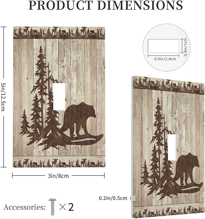 Rustic Wood Bear Forest 1 Gang Light Switch Cover Decorative Vintage Antique Cabin Single Toggle Wall Plate Switchcovers Electrical Switchplate Home Decor for Farmhouse Living Room Bedroom Decorate