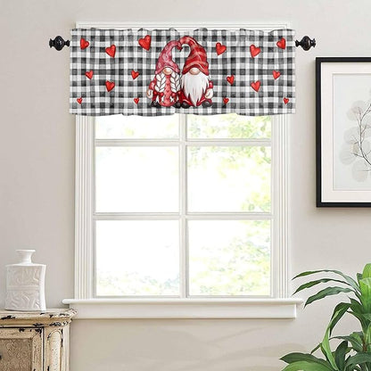 Valentines Day Gnomes Lovers Valances Kitchen Curtains for Windows,Buffalo Plaid Hearts Rod Pocket Valances Wedding Valentines Decoration Short Curtains for Bedroom/Living Room,54" X 18" -1 Panel