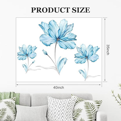 Zonon Flowers Wall Decals Vinyl Dragonflies Flowers Wall Stickers Removable Floral Wall Murals Peel and Stick Colorful Flower Wall Decor for Bedroom Living Room Nursery(Blue Flower)