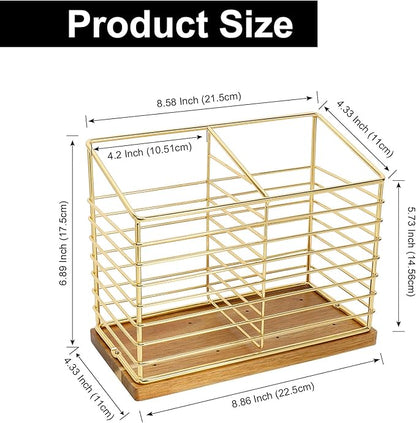 Utensil Holder for Kitchen Counter, Metal Utensil Holder Rack for Kitchen Countertop, Cooking Tools Storage for Spatula, Utensil Organizer with Sturdy Base, and Drainage Hole (Gold Wooden)