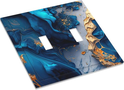 Abstract Gold and Blue Marble Double Toggle Light Switch Covers 2 Gang Wall Plate Dual Decorative Switchplate Electrical Faceplate for Bathroom Country Kitchen Bedroom Decor, 4.9" x 5"