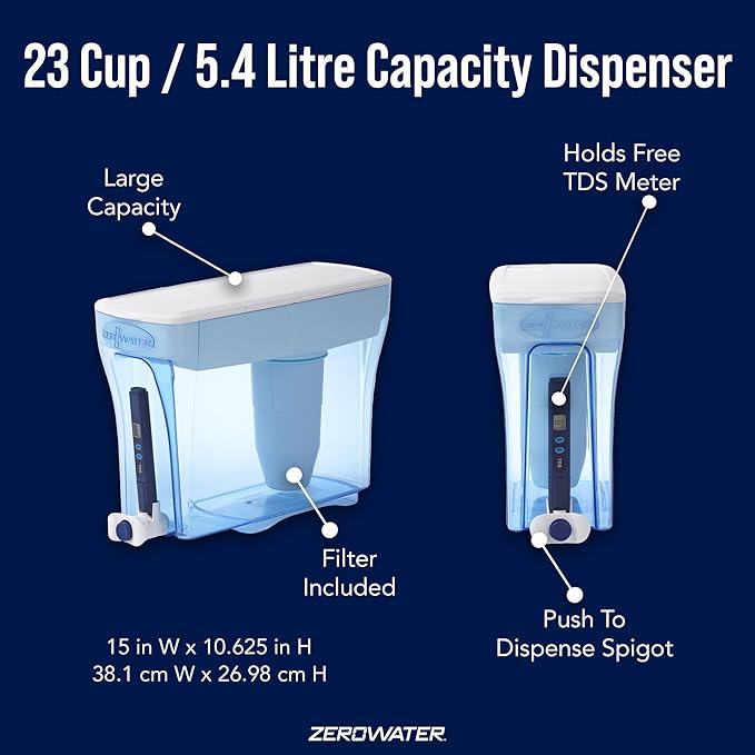 ZeroWater Starter Pack Bundle, 23 Cup Dispenser and 2-Pack Replacment Filters