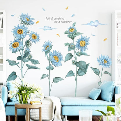 3D Sunflower Wall Decals Butterfly Stickers, Removable Blue Flower Butterfly Wall Decor Sunflower Wallpaper Window Clings Water Bottle Stickers for Kids Girls Room Kitchen Nursery Party