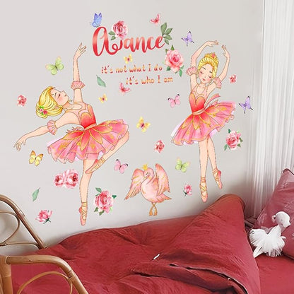 Ballerina Girl Wall Decals Dancing Girl Swan Dance Wall Stickers Swan Rose Butterfly Decor Inspirational Home Kid Room Decoration Bedroom Playroom Art Gift