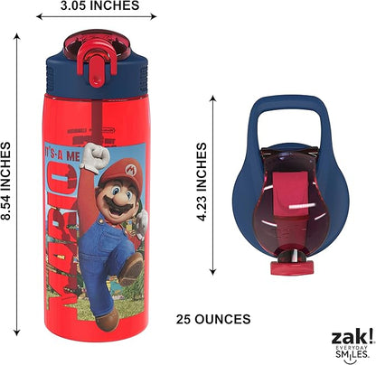 Zak Designs The Super Mario Bros. Movie Water Bottle For School or Travel, 25 oz Durable Plastic Water Bottle With Straw, Handle, and Leak-Proof, Pop-Up Spout Cover (Mario, Toad)