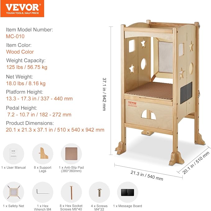 VEVOR Folding Step Stool for Toddlers, Adjustable 3-Height Kids Kitchen Helper, Natural Solid Wood Standing Tower Learning Stool with Safety Guard for Bedroom Bathroom, 125LBS Loading