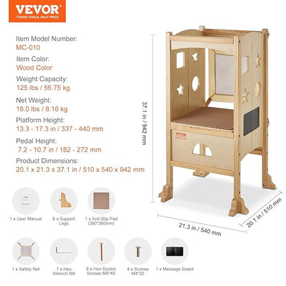 VEVOR Tower Step Stool for Kids and Toddlers, Foldable Toddler Kitchen Stool Helper with 3-Level Adjustable Height & Safety Net, Natural Solid Wood Standing Tower Learning Stool for Bedroom Bathroom