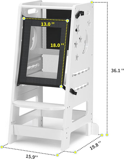 TOETOL Bamboo Toddler Kitchen Stool for Kids Step Stool - White Little Helper Tower Adjustable Height with Learning Black & White Activity Board