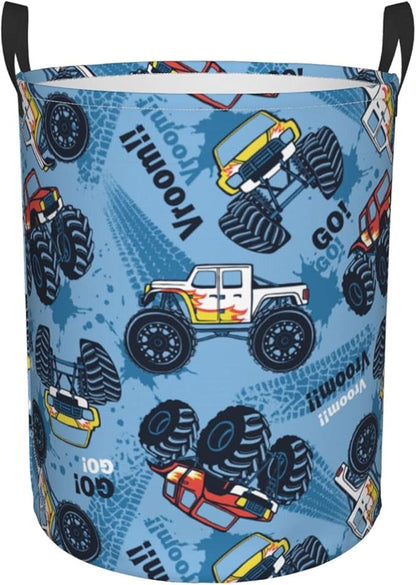 Monster Truck Car Pattern Round Laundry Hamper Storage Basket Toys Clothes Organizer Bin For Home Bathroom Bedroom Dorm Nursery, 62l