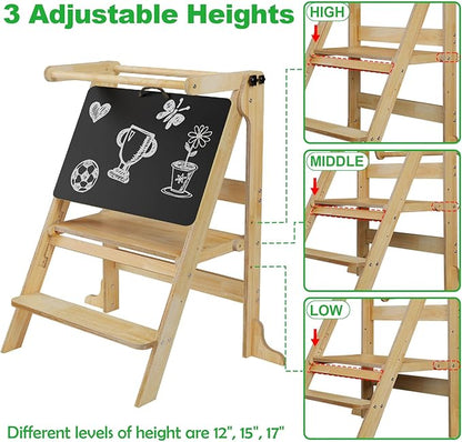 Toddler Tower for 2 Kids Foldable, Montessori Kitchen Standing Tower for Twin Toddlers 1-3, Step Stool with 3 Adjustable Heights & Chalkboard, Baby Helper Tower for Counter Bathroom Sink