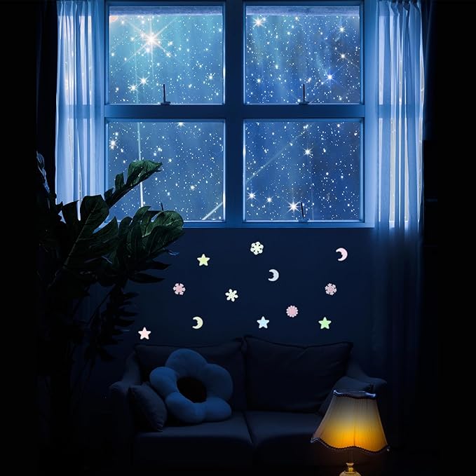 uxcell 100pcs Glow in The Dark Stars and Moon Fluorescent Plastic Wall Stickers Adhesive Murals Decals for Home Art Bedroom Wall Decorations, Multicolor