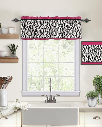 Vandarllin Animal Zebra Print Kitchen Curtains Valances for Windows Black White Pink Rod Pocket Window Treatment for Kitchen/Living Room/Bedroom/Bathroom,42" X 12" -1 Panel,