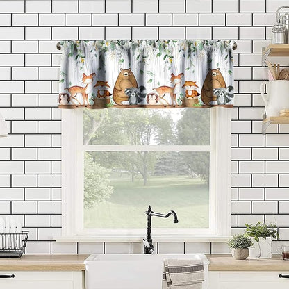 Woodland Animals Kitchen Curtain Valances, Watercolor Forest Animals Valances Set, Bear Deer Fox Wolf Set Hunting Kitchen Curtains Set for Kitchen Cafe Living Room Bedroom Decor 54x18 Inch, 1 Panel