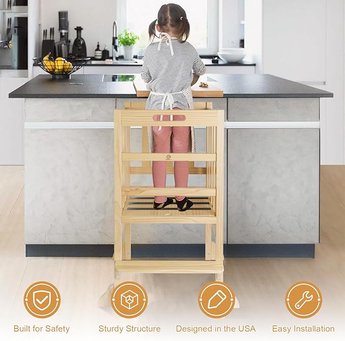 WOOD CITY Kitchen Step Stool Helper - Montessori Foldable Standing Tower for Toddlers with Safety Rail, Height Adjustable Ideal Helper for Learning New Skills, Natural Pure Pine Wood (Natural)