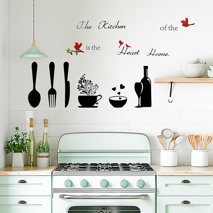 Sibba Kitchen Wall Stickers Murals Decor Dining Art Sets Living Room Accessories for Home Decorations Pictures Sticker Decals Tableware Theme Set Cabinet Office Peel Stick Artwork