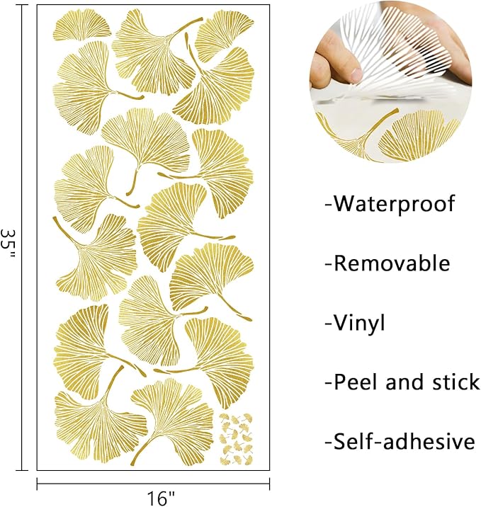 Mfault Gold Leaves Wall Decals Stickers, Ginkgo Leaf Botanical Living Room Decorations Bedroom Art, Plant Home Kitchen Bathroom Decor