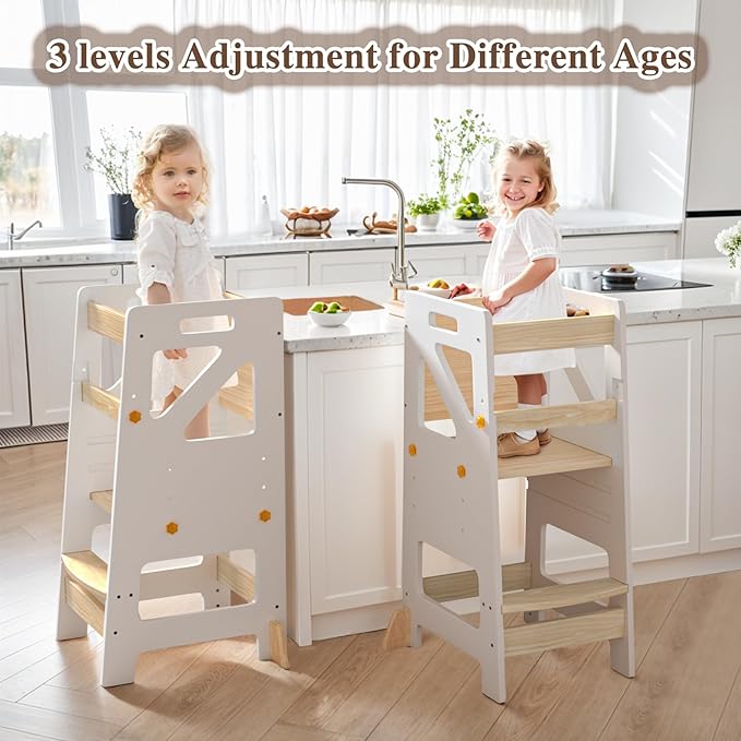 Adjustable Toddler Standing Tower – Complete Toddler Kitchen Stool Helper with Safety Rail – Ideal Kids Learning Step Stool for Cooking, Cleaning & More – Sturdy Wooden Design(White)