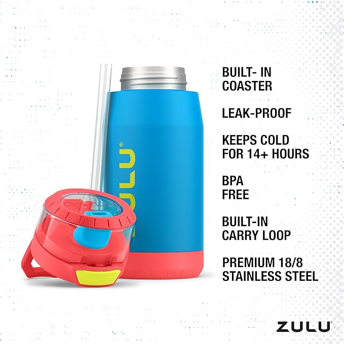 ZULU Kids Flex 12oz Stainless Steel Insulated Water Bottle with Silicone Spout, Leak-Proof Locking Flip Lid and Soft Touch Carry Loop for School Backpack, Lunchbox, and Outdoor Sports, Superhero