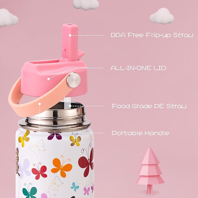 12oz Kids Insulated Water Bottle with Flip Straw & Big Handle, Butterflies, Double Wall 18/8 Stainless Steel, Leakproof Gift for Kids Girls to School Travel Sports, Hands Wash Only, Pink