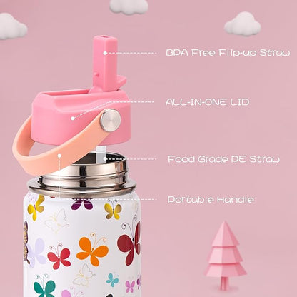 12oz Kids Insulated Water Bottle with Flip Straw & Big Handle, Butterflies, Double Wall 18/8 Stainless Steel, Leakproof Gift for Kids Girls to School Travel Sports, Hands Wash Only, Pink