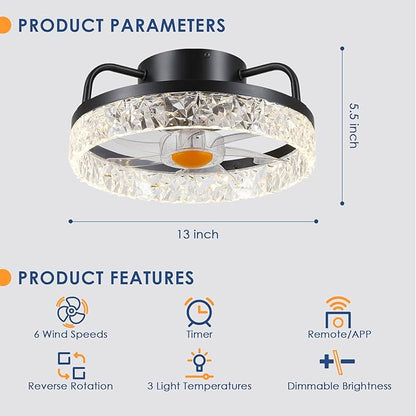 13" Ceiling Fans with Lights - Flush Mount Low Profile Ceiling Fan Lights with Remote/APP, 6 Speeds 3CCT, with 7 ABS Reversible Blades, Modern Bladeless Fan Light for Indoor Bedroom