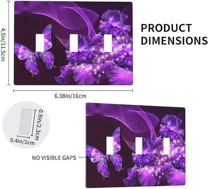 Purple Butterfly Flower Triple Toggle Light Switch Wall Plate Cover Decorative 3-Gang for Girls Room Bathroom Bedroom Home Kitchen Three Lightswitch Polycarbonate 4.5" x 6.38"