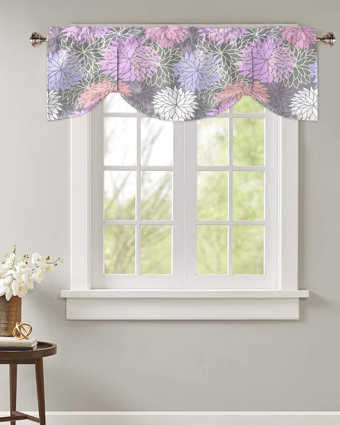 Tie Up Valance for Kitchen Living Room Farmhouse - Chrysanthemum Pink Purple Flower Rod Pocket Adjustable Tie-up Shade Valance for Small Window, Window Valance Balloon Drape for Bathroom 42x12 inches