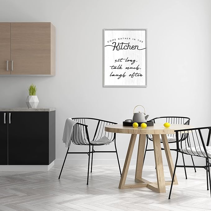 Stupell Industries Kitchen Gathering Sign Minimal Sit Talk Laugh Phrase, Designed by Daphne Polselli Gray Framed Wall Art, 24 x 30, Off- White