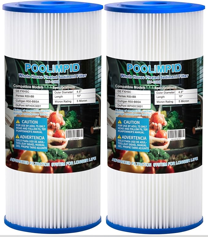 10" x 4.5" Whole House Water Filter, Compatible with GE FXHSC, GXWH40L, GXWH35F, Culligan R50-BBSA, American Plumber W50PEHD, W10-PR, 5 Micron, High Flow Sediment Filters,2 Pack