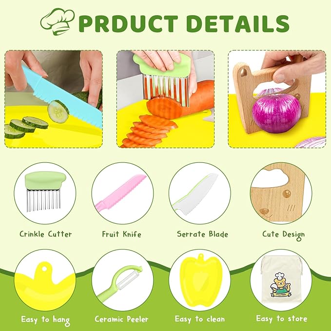 11 Pcs Wooden Kids Kitchen Knife, Kids Knife Set with Cutting Board Fruit Vegetable Crinkle Cutters Serrated Edges Plastic Toddler Knifes for Real Cooking Kid Safe Knives…