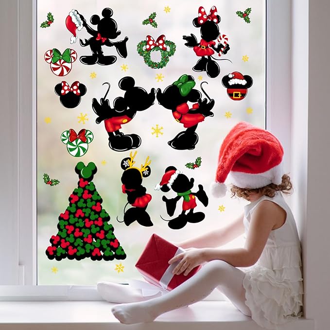 Yovkky 88 PCS Merry Christmas Window Clings, 2025 New Year Christmas Mouse Xmas Tree Green Red Stickers Decals Decor, Peppermint Candy Wreath Winter Snowflakes Holiday Party Home Kitchen Decorations