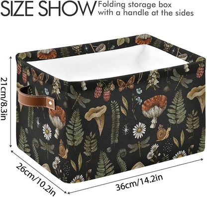 Mushroom Botanical Storage Basket Fabric Kitchen Baskets Dragonfly Berry Flowers Fern Open Home Storage Bins Boxes Foldable Organizer Bag for Baby Cloth Pet Toy Book Shelf Closet Baskets 16×12×8 IN