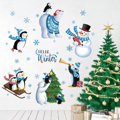 Yovkky Hello Winter Wall Decals Stickers, Christmas Tree Winter Bear Penguin Snowman Snowflakes Nursery Decorations Kids Bedroom Art, Xmas Baby Boys Girls Room Living Room Kitchen Holiday Decor Gift