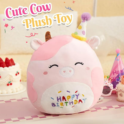 14" Birthday Cow Plush Pillow,Pink Dairy Cow Stuffed Animal Soft Plush Toy,Cute Plushie Doll Gifts for Kids & Birthday Party Decor