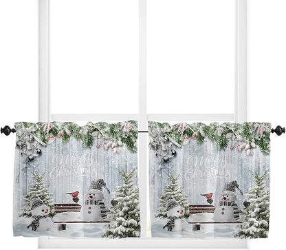 Vandarllin Merry Christmas Kitchen Curtains and Valances Set, Xmas Snowman Snowy Pine Tree Windows Treatments Tiers Half/Short Curtains for Small Windows Cafe/Living Room/Bedroom 54x36 in Blue Winter